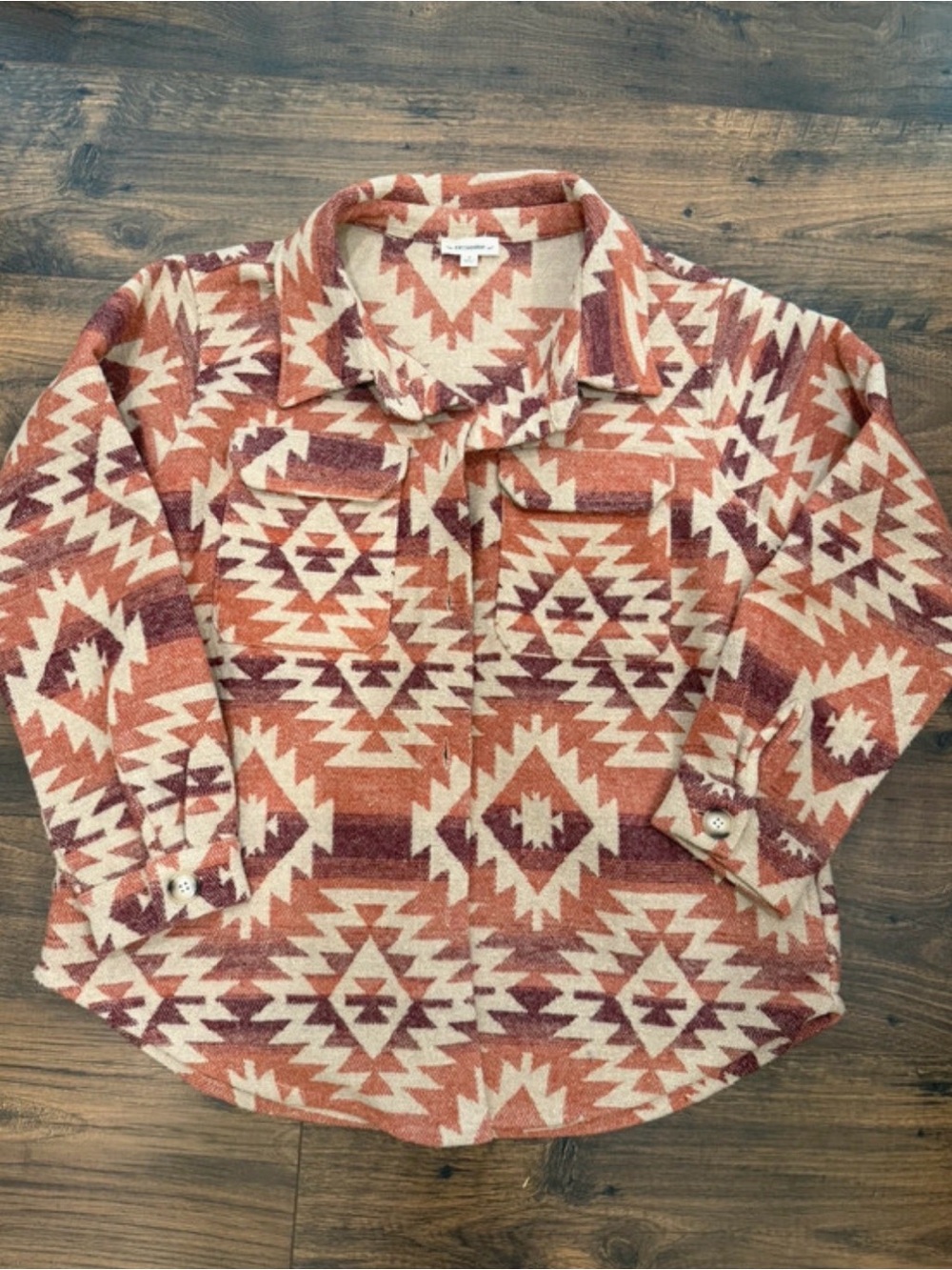 eesome Aztec-Pattern Button-Front Shacket in Rust & Cream
